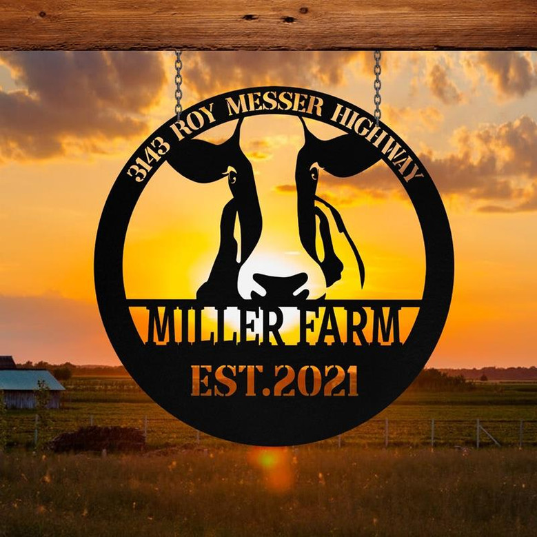 Personalized Metal Farm Sign Cow Cattle Monogram Custom Outdoor Farmhouse Front Gate Entry Road Wall Decor Art Gift