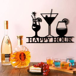 Happy Hour Metal Art Bar Themed Wall Decor Metal Bar Decorations Black Vintage Hot Drinks Sign Decorative Drink Bar Sign Plaques for Bar Open Pub Decor