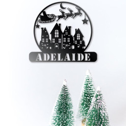Custom Santa Claus Metal Wall Art, Personalized Family Name Snow Globe, Santa Coming To Town Metal Sign, Family Christmas Gift