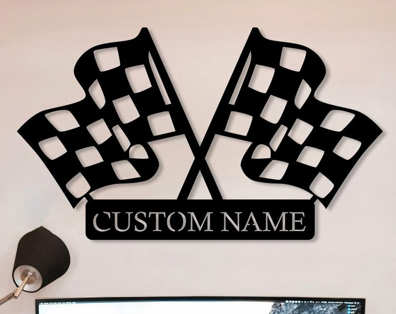 Custom Checkered Flag Racing Sign, Checkered Flag Monogram, Personalized Gift for Racer