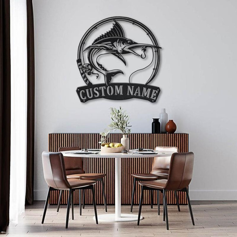 Personalized Marlin Fishing Fish Pole Metal Sign Art | Custom Marlin Fishing Metal Sign | Marlin Fishing Gifts for Men | Marlin Fishing Gift