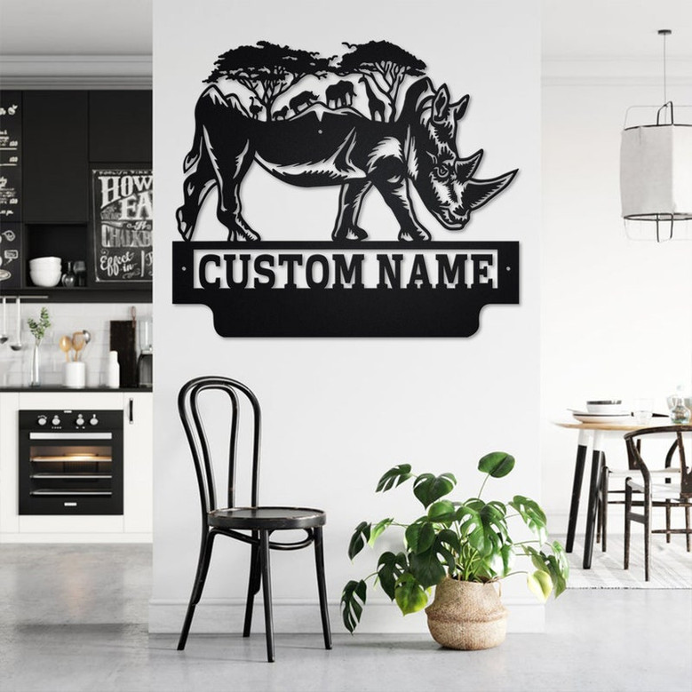 Custom Safari Rhino Metal Wall Art, Personalized Rhino Name Sign Decoration For Room, Rhino Home Decor, Custom Rhino, Rhino Metal Decor