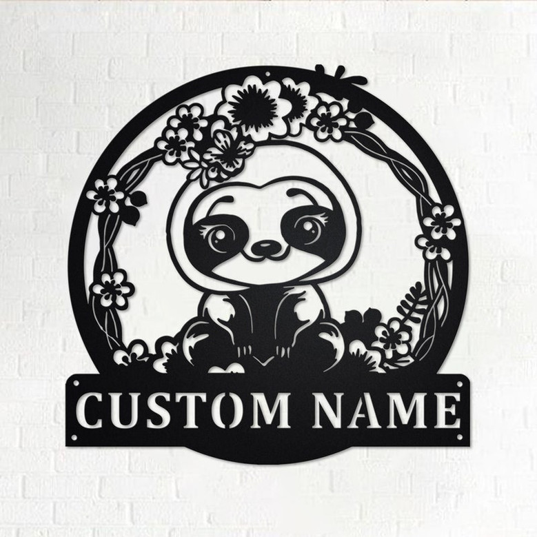 Custom Cute Floral Sloth Metal Wall Art, Personalized Sloth Name Sign Decoration For Room, Sloth Home Decor, Custom Sloth, Cute Floral Sloth