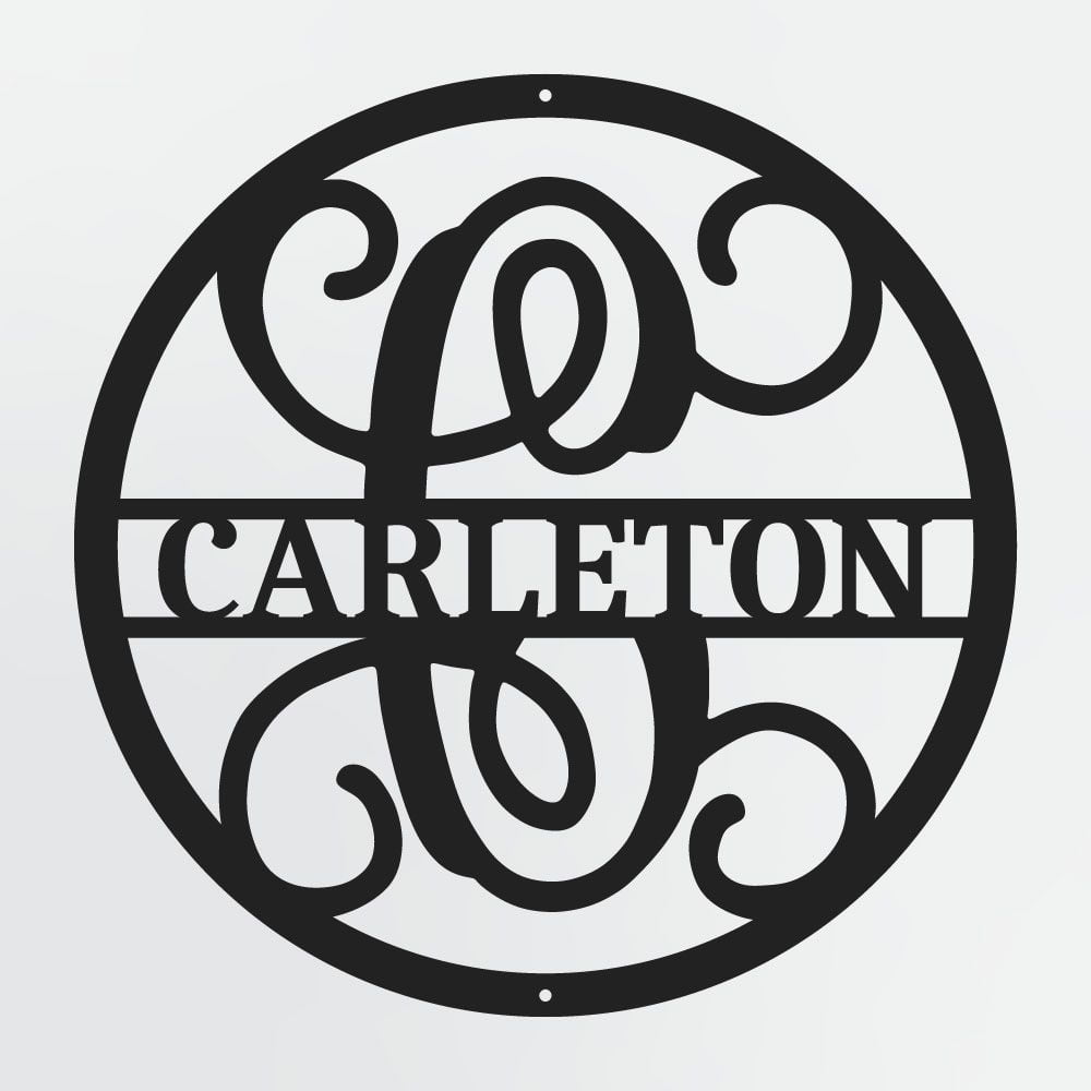 Curly Script Split Letter Monogram In Circle, Personalized Metal Family Name Sign