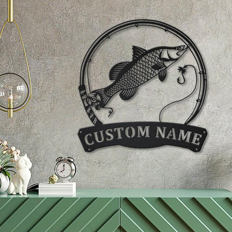 Personalized Barramundi Fishing Fish Pole Metal Sign Art Custom Barramundi Fishing Metal Sign Fishing Lover Sign Decoration For Living Room