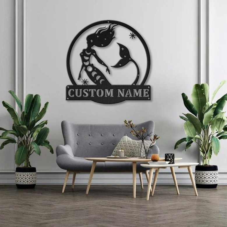 Personalized Moon Mermaid Monogram Metal Sign Art | Custom Mermaid Monogram Metal Sign | Mermaid Gift