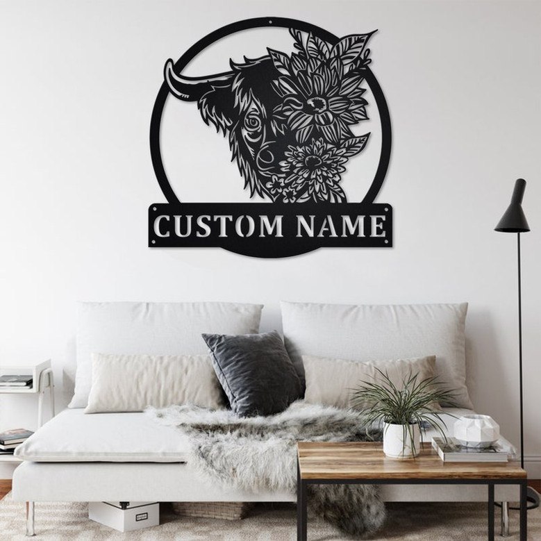 Custom Floral Highland Cow Metal Wall Art, Personalized Highland Cow Name Sign Decoration For Room, Highland Cow Home Decor , Highland Cow
