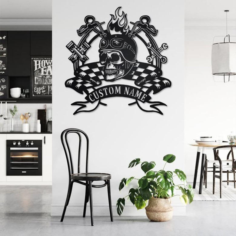 Custom Biker With Skull Metal Wall Art, Personalized Bike Name Sign Decoration For Room, Motorcycle Home Decor Motocross Rider, Custom Biker