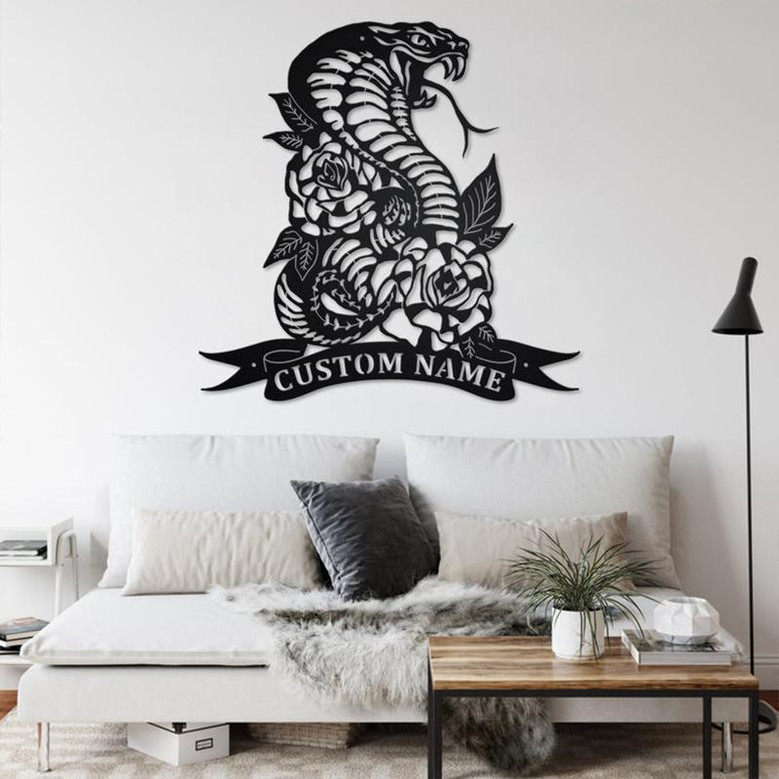 Custom Cobra Snake & Roses Metal Wall Art, Personalized Cobra Snake Name Sign Decoration For Room, Cobra Snake Home Decor,Custom Cobra Snake