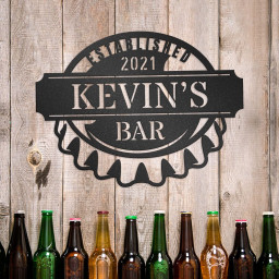 Bottle Cap Metal Wall Decor For Bar With Custom Name, Established Date, Personalized Bar Sign