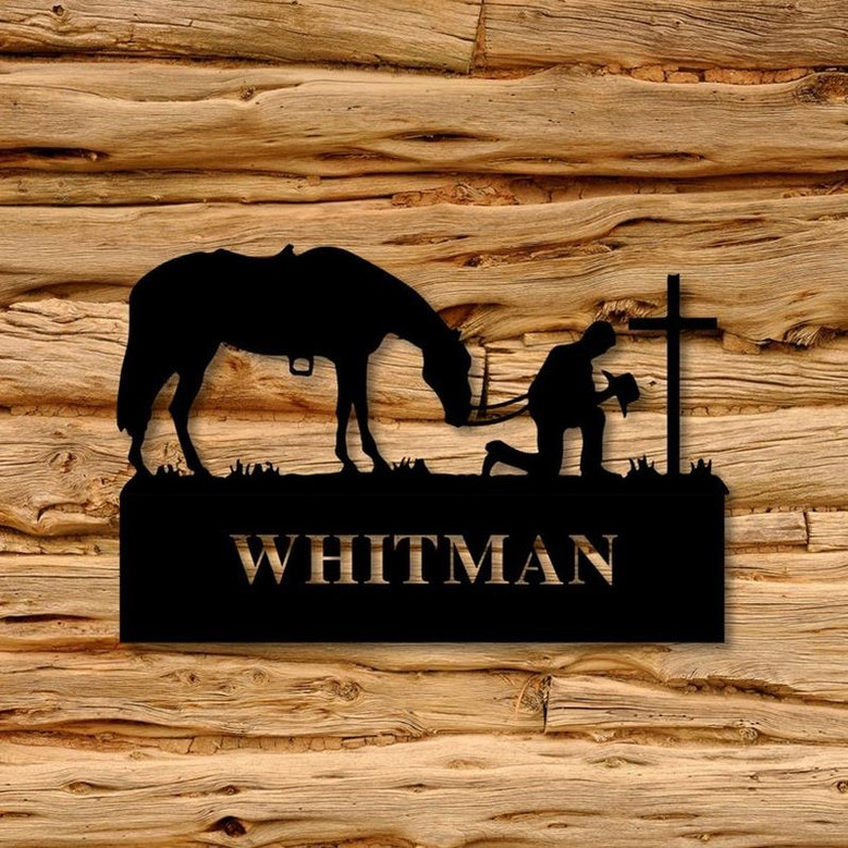 Personalized Metal Praying Cowboy Name Sign Metal Farm Sign Metal Wall Art Farmhouse Decor Housewarming Metal Sign For Cowboy