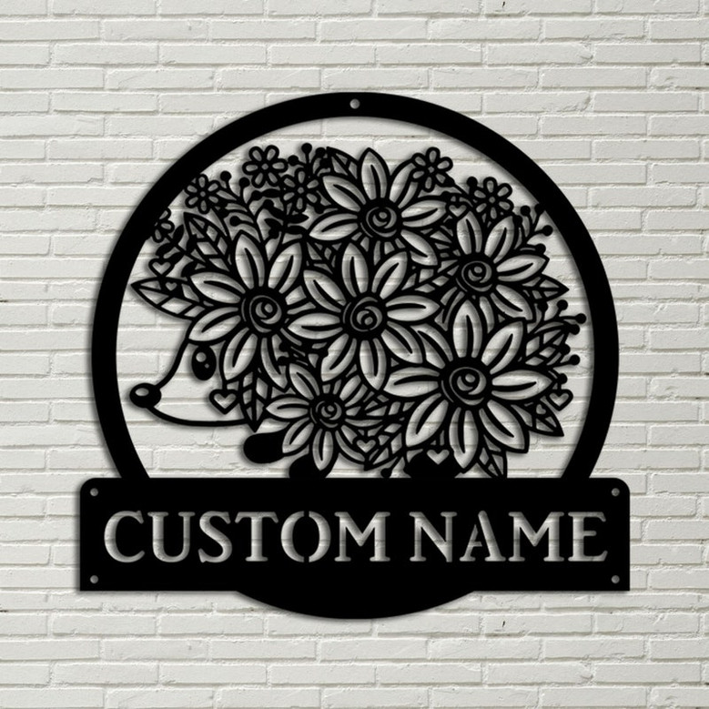 Personalized Floral Hedgehog Monogram Metal Sign Art, Custom Floral Hedgehog Metal Sign, Hedgehog Lover Sign Decoration For Living Room
