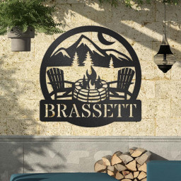 Cozy Fire Pit Metal Sign With Adirondack Chairs, Mountain Scene Or Lake Scene, Personalized With Custom Text