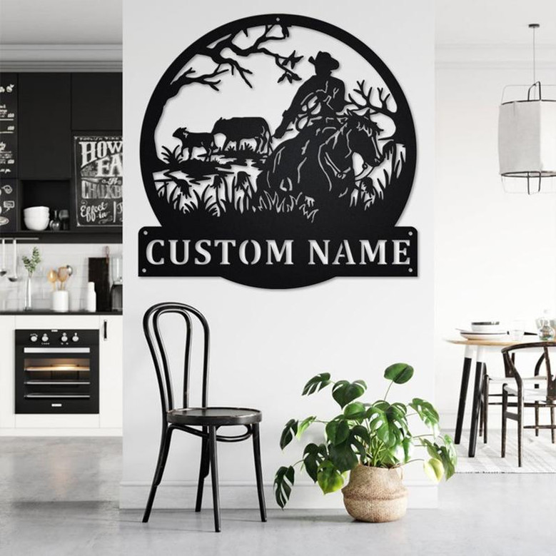 Custom Horse Cowboy Metal Wall Art, Personalized Cowboy Name Sign Decoration For Room, Horse Cowboy Metal Home Decor, Custom Horse Cowboy