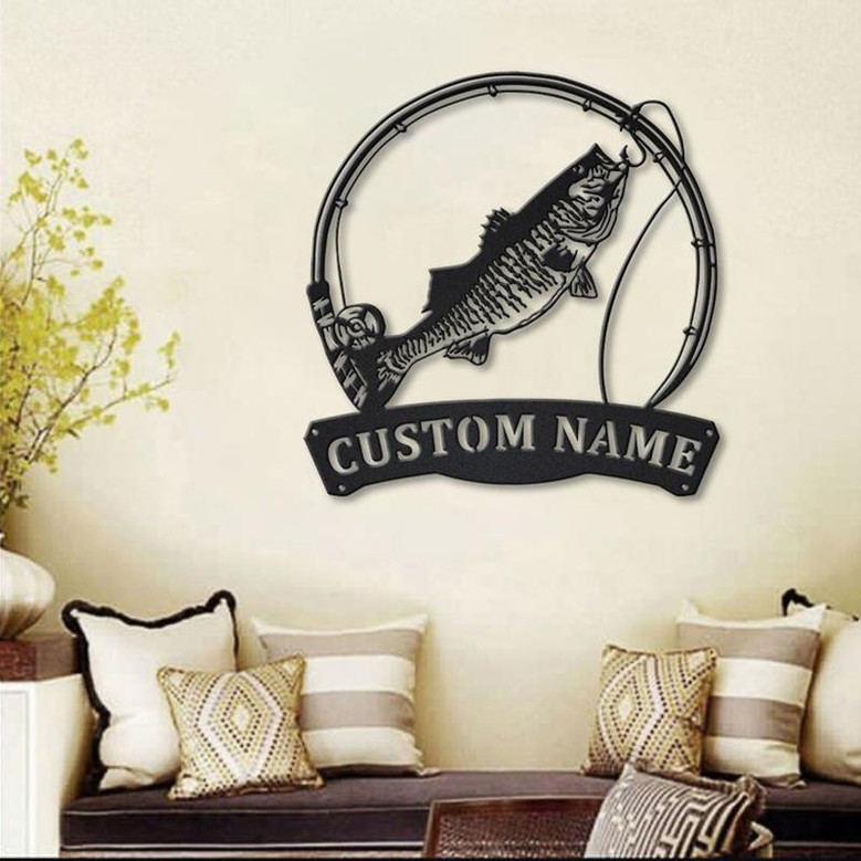 Personalized Striped Bass Fish Pole Monogram Metal Sign Art Striped Bass Fish Metal Sign Fishing Lover Sign Decoration For Living Room