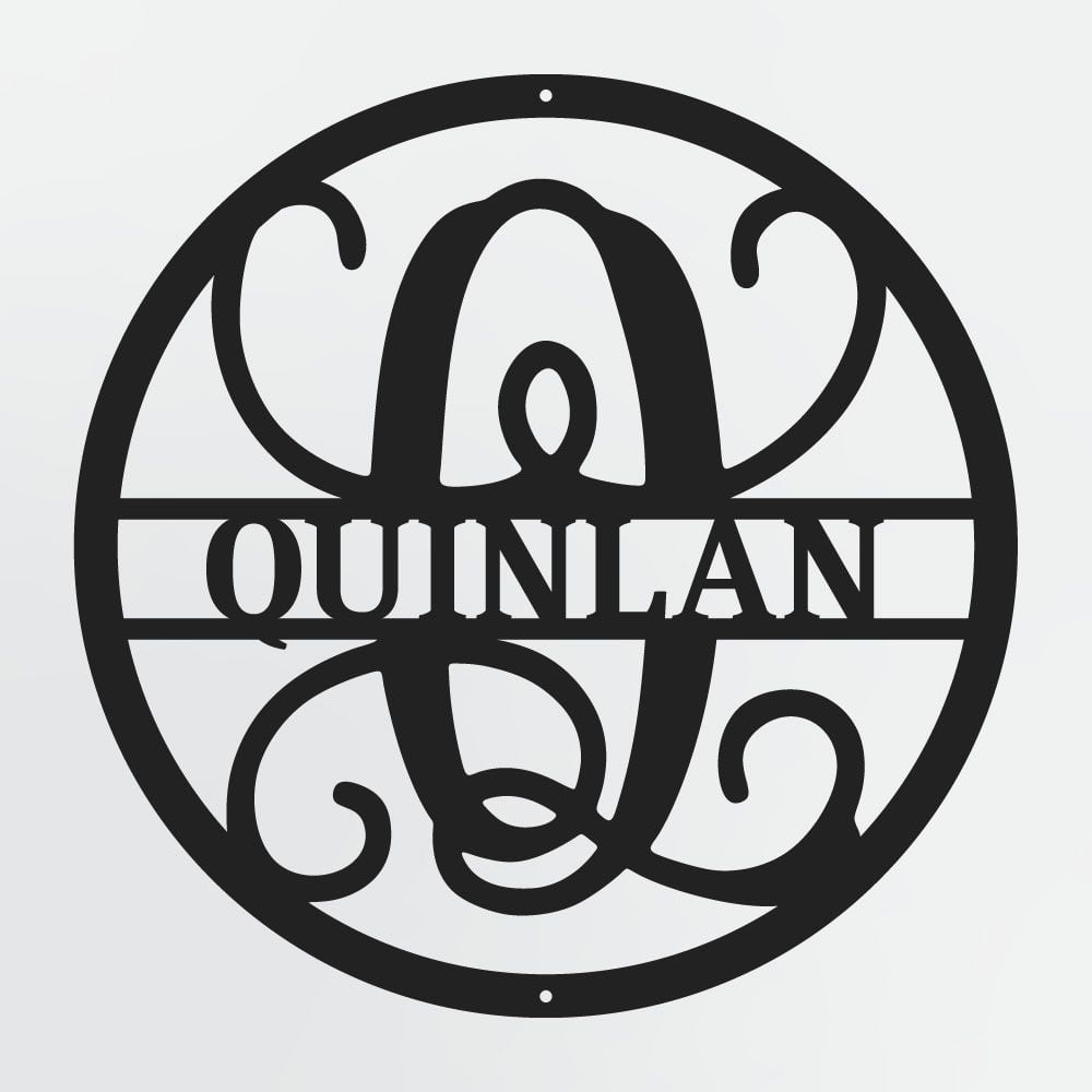 Curly Script Split Letter Monogram In Circle, Personalized Metal Family Name Sign