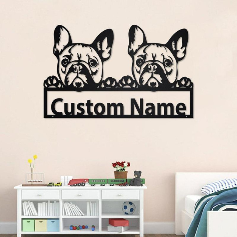 Custom Two French Bulldog Metal Wall Art, Personalized Two French Bulldog Name Sign Decoration For Room, French Bulldog Metal Home Decor