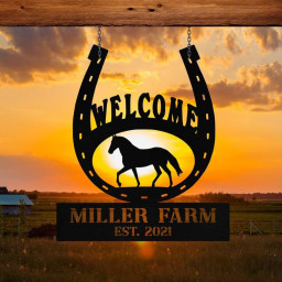 Personalized Metal Horse Hoof Shoes Sign Monogram Custom Outdoor Farm Farmhouse Ranch Stable Acres Wall Decor Art Gift