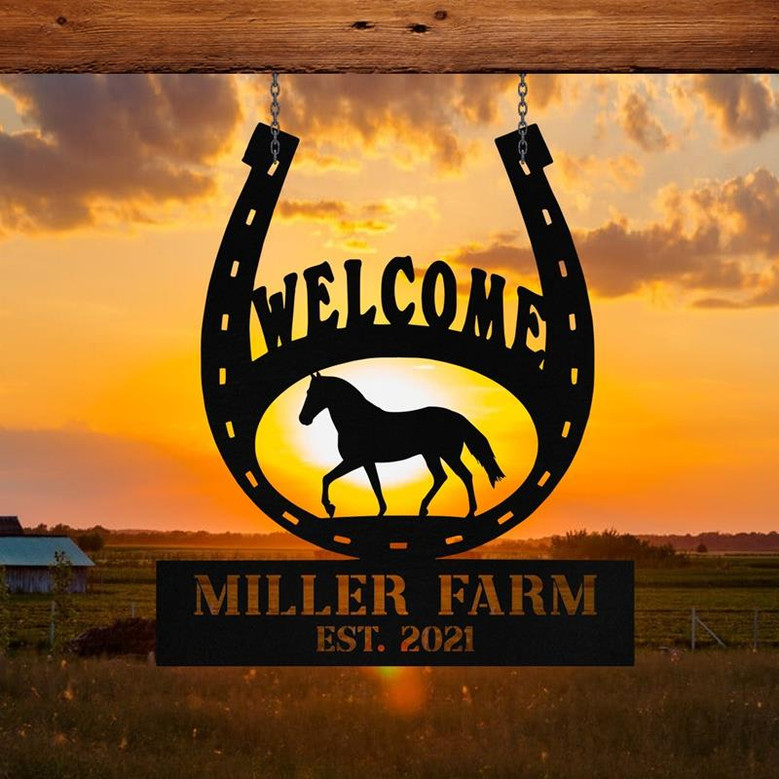 Personalized Metal Horse Hoof Shoes Sign Monogram Custom Outdoor Farm Farmhouse Ranch Stable Acres Wall Decor Art Gift