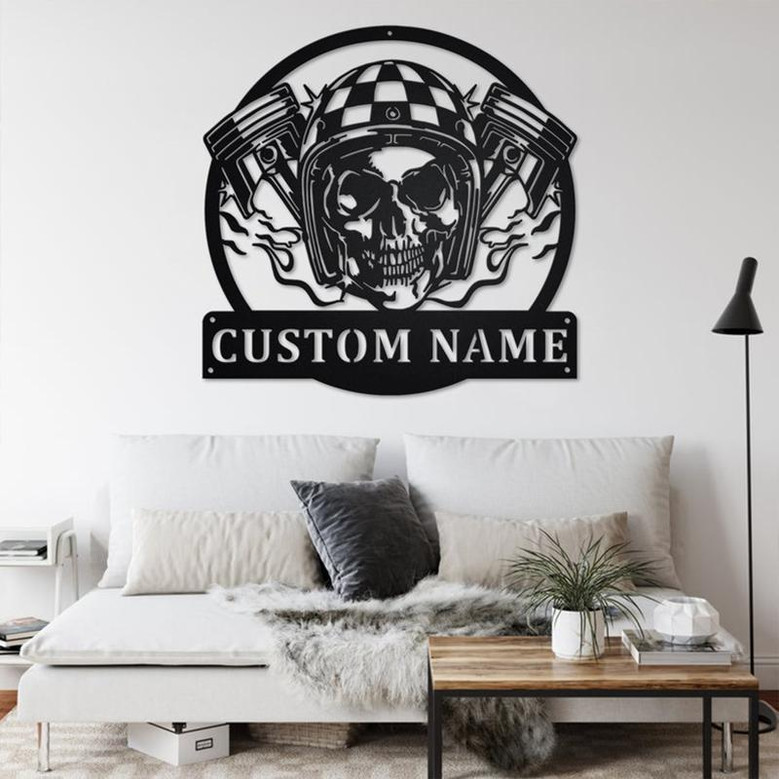 Custom Skull With Piston Biker Metal Wall Art, Personalized Biker Name Sign Decoration For Room, Biker Home Decor, Custom Biker