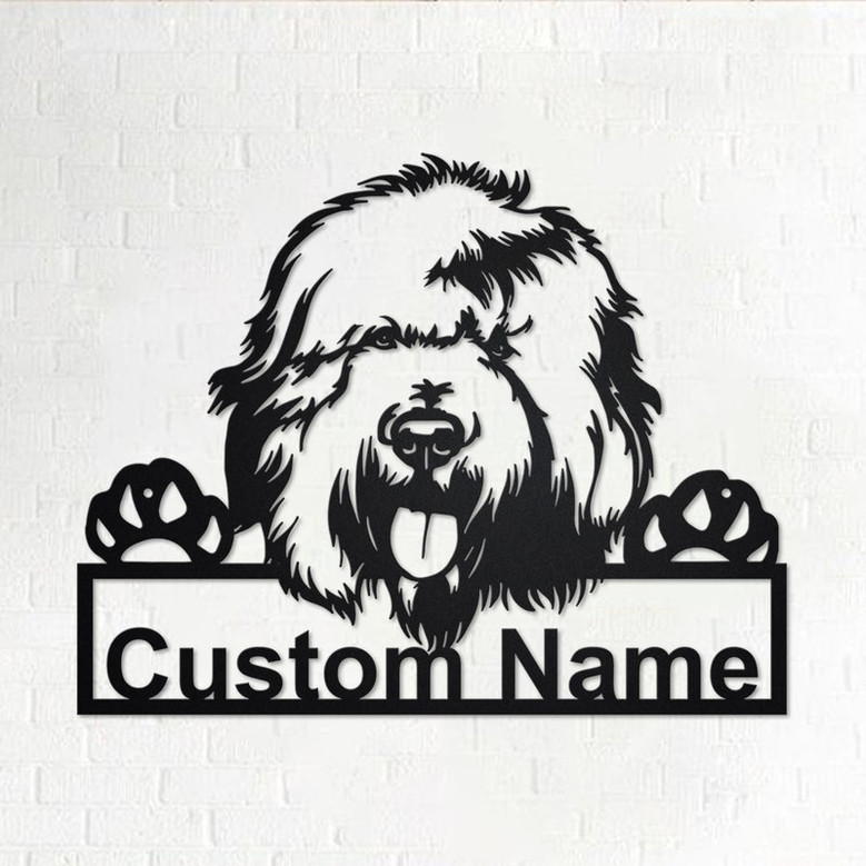 Custom English Sheepdog Dog Metal Wall Art, Personalized English Sheepdog Name Sign Decoration For Room, English Sheepdog Metal Home Decor