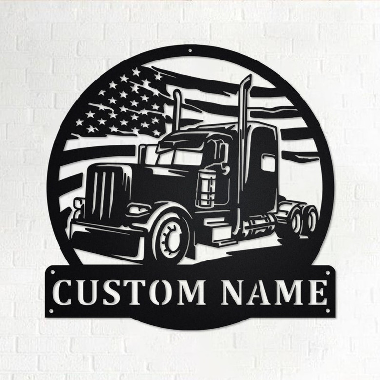 Custom US Flag Semi-Trailer Truck Metal Wall Art, Personalized Semi Truck Name Sign Decoration For Room, Semi Truck Home Decor,Custom Truck