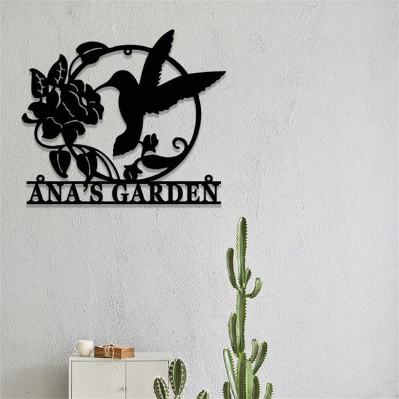 Custom Hummingbird Garden Metal Sign, Personalized Hummingbird Flower Name Metal Wall Art, Housewarming Gift