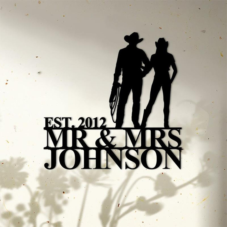 Personalized Cowboy Cowgirl Couple Metal Sign, Custom Mr & Mrs Wall Art For Home Decor, Love Anniversary Gift, Wedding Gift