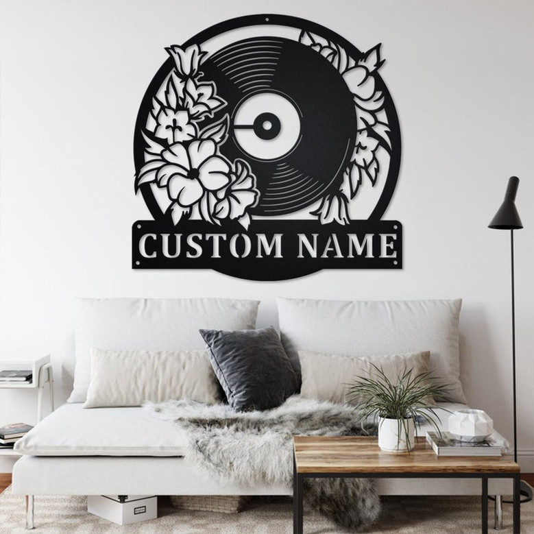 Custom Floral Music Turntable Record Metal Wall Art, Personalized Disc Jockey Name Sign Decoration For Room, DJ Metal Home Decor, Custom DJ