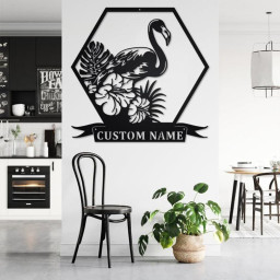 Custom Flamingo Tropical Flowers Metal Wall Art, Personalized Flamingo Name Sign Decoration For Room, Flamingo Metal Home Decor, Flamingo