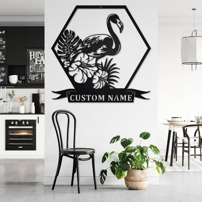 Custom Flamingo Tropical Flowers Metal Wall Art, Personalized Flamingo Name Sign Decoration For Room, Flamingo Metal Home Decor, Flamingo