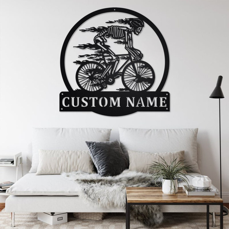 Custom Skull Bicycle Metal Wall Art, Personalized Skull Bicycle Name Sign Decoration For Room, Skull Bicycle Home Decor,Custom Skull Bicycle