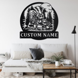 Custom Bison In Forest Metal Wall Art, Personalized Bison Name Sign Decoration For Room, Bison Home Decor, Custom Bison In Forest, Bison