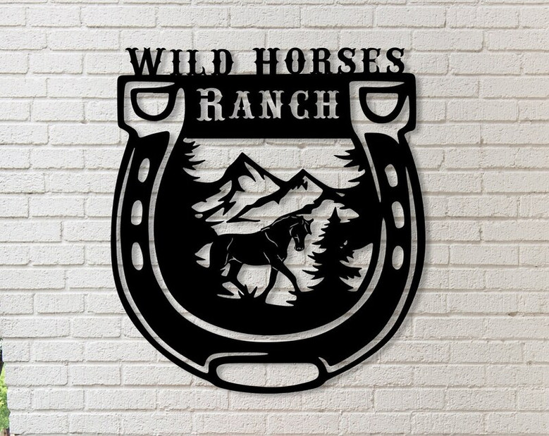 Custom Horse and Mountain Design Metal Wall Art, Personalized Horseshoe Wall Sign, Farmhouse Decor