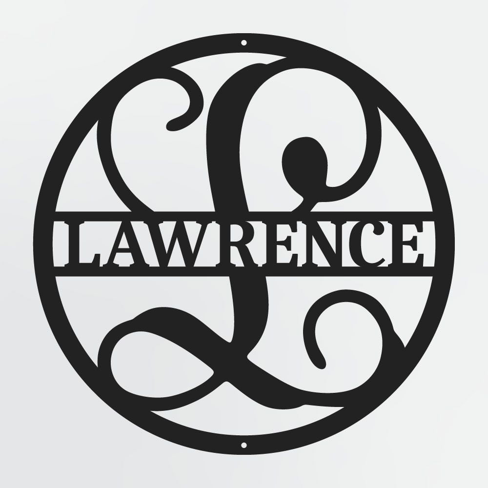 Curly Script Split Letter Monogram In Circle, Personalized Metal Family Name Sign