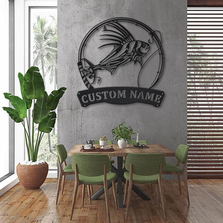 Personalized Roosterfish Fish Pole Monogram Metal Sign Art Roosterfish Fishing Metal Sign Fishing Lover Sign Decoration For Living Room