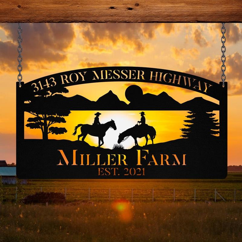 Personalized Metal Horse Rider Sign Monogram Custom Outdoor Farm Farmhouse Ranch Stable Acres Wall Decor Art Gift
