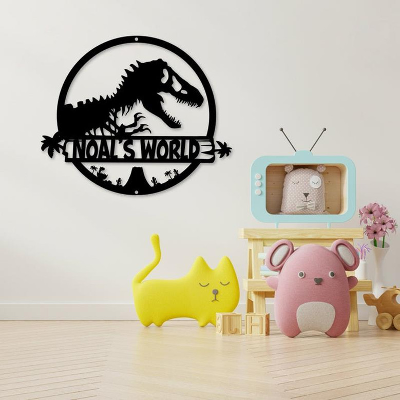 T-Rex Dinosaur Metal Wall Art, Personalized T-Rex Metal Sign, Kids Room Decoration, Dino Lover Gift For Children