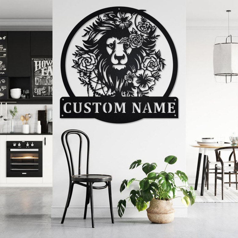 Custom Lion Floral Metal Wall Art, Personalized Lion Name Sign Decoration For Room, Lion Metal Home Decor, Custom Lion, Lion Floral Decor
