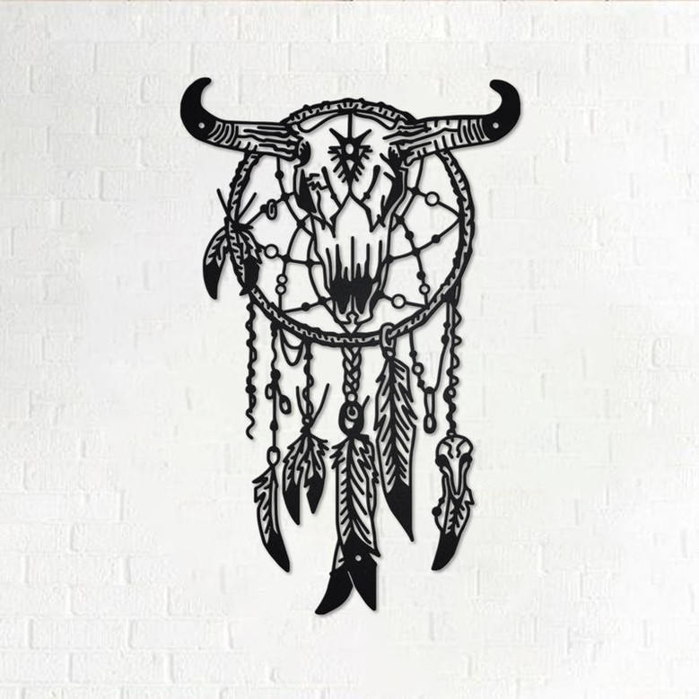 Custom Indian Cow Skull Dreamcatcher Metal Wall Art, Personalized Indian Cow Name Sign Decoration For Room, Indian Cow Home Decor