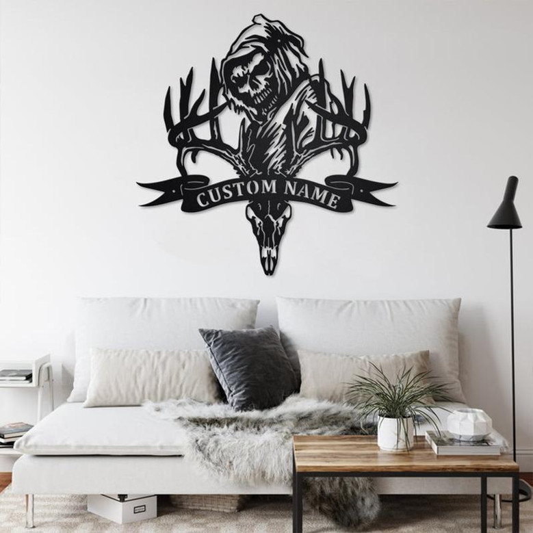Custom Deer Skull Bone Hunting Grim Reaper Metal Wall Art, Personalized Deer Hunting Name Sign Decoration For Room, Deer Hunting Home Decor