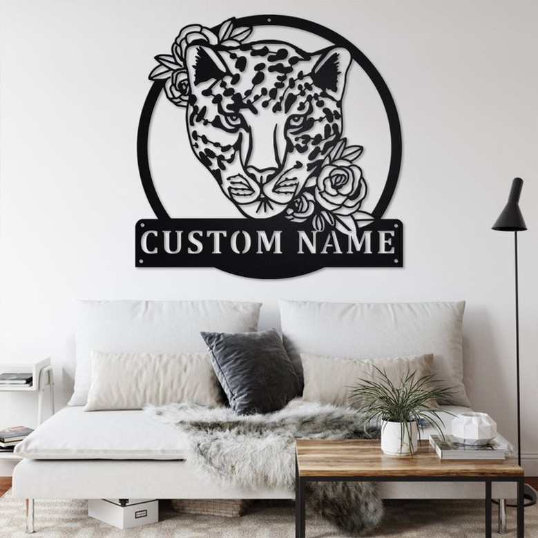 Custom Leopard With Flower Metal Wall Art, Personalized Leopard Name Sign Decoration For Room, Leopard Metal Home Decor, Custom Leopard