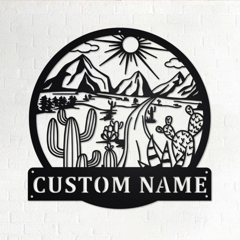 Custom Round Landscape With Cactus Metal Wall Art, Personalized Cactus Name Sign Decoration For Room, Cactus Metal Home Decor, Custom Cactus