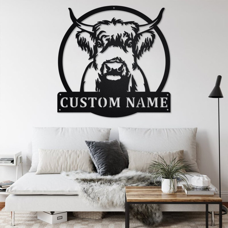 Custom Highland Cow Metal Wall Art, Personalized Highland Cow Name Sign Decoration For Room, Highland Cow Home Decor, Custom Highland Cow