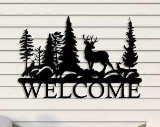 Deer Metal Welcome Sign, Large Nature Decor, Tree with Deer Entrance door Sign, Unique Home Decor