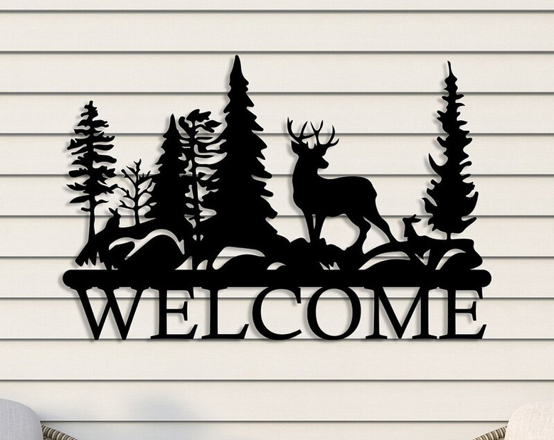 Deer Metal Welcome Sign, Large Nature Decor, Tree with Deer Entrance door Sign, Unique Home Decor