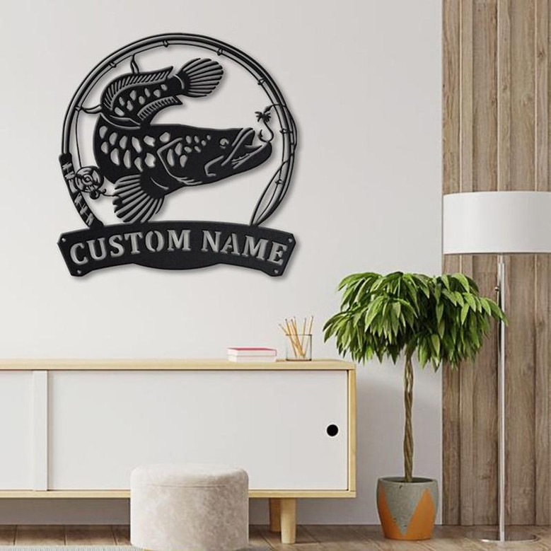 Personalized Snakehead Fish Pole Monogram Metal Sign Art , Custom Snakehead Fish Metal Sign, Fishing Lover Sign Decoration For Living Room