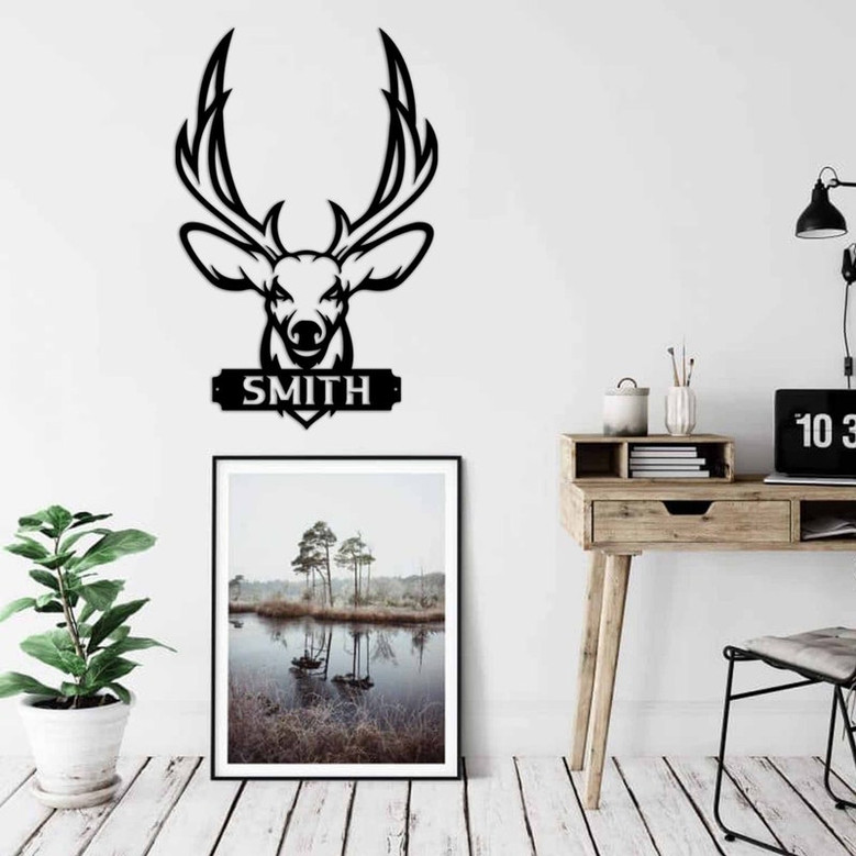 Deer Last Name Sign, Metal Deer Sign, Antler Wall Sign, Hunting Present, Man Gift, Deer Family Name Sign, Hunter Christmas Gift, Camp Sign