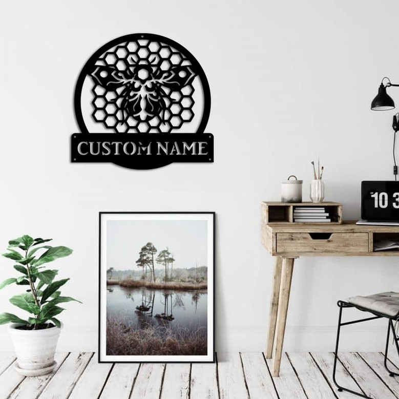 Personalized Bee Honeycombs Monogram Metal Sign Art, Custom Honey Bee Metal Wall Art, Bee Antler Decor, Housewarming Outdoor Metal Sign