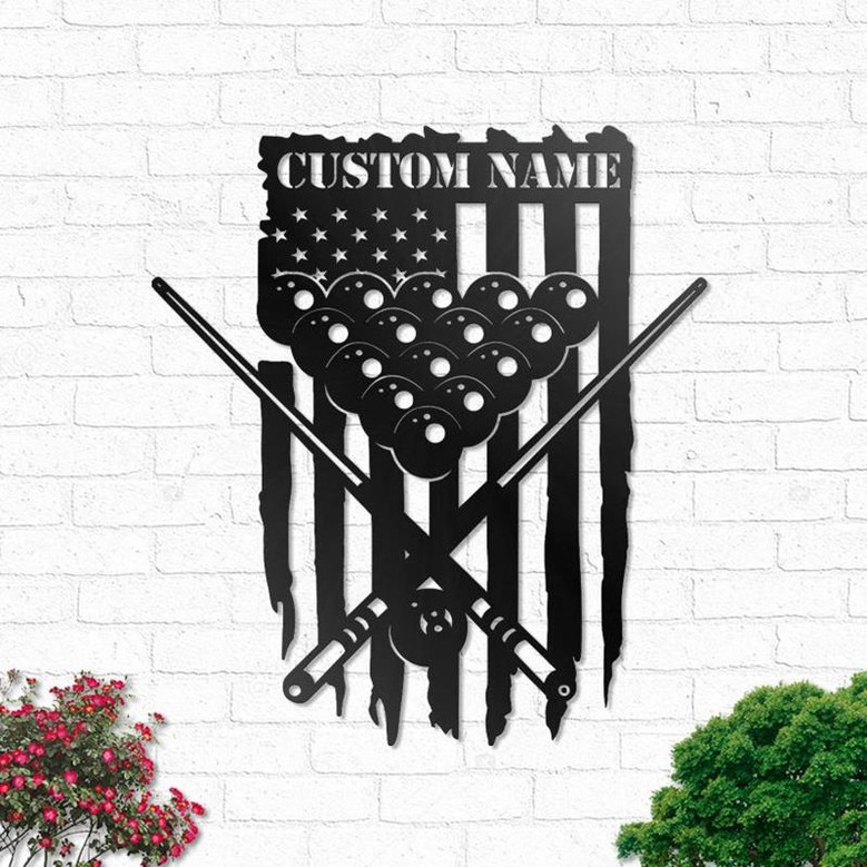 Custom US Flag Billiards Metal Wall Art, Personalized Billiards Room Name Sign Decoration, Snooker Pool Player Home Decor